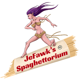 JeFawk's Spaghettorium logo featuring a purple-haired elf 🚀 flying through space 🌌 on a spaghetti package 🍝. The spaghetti symbolizes our fresh ideas 💡, ready to crash-land in a creative explosion 🌠. Don't worry, she's having a blast! 😄