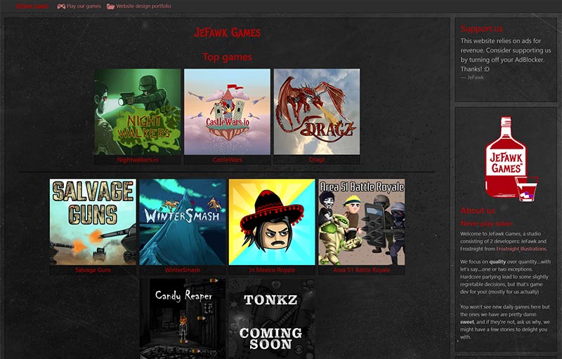 The JeFawk Games website designed by JeFawk showcasing many HTML5 browser games.