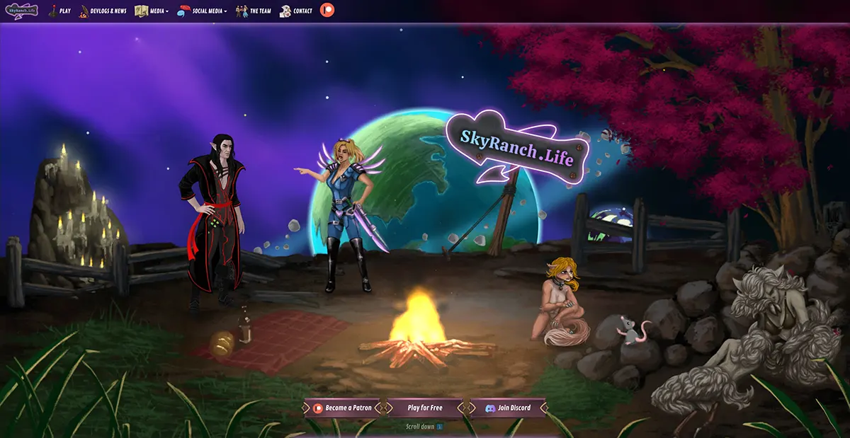 SkyRanch.Life website. SkyRanch.Life is a beautiful Free Dating Sim RPG Visual Novel with Vampires, Elves, Furries, Monsters, and Gods know what else ✝️