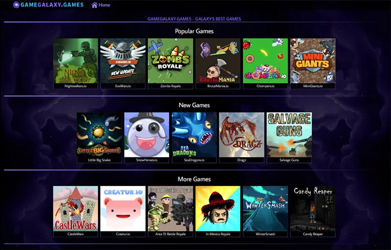 Website development of the game portal GameGalaxy.Games created by JeFawk showcasing browser games